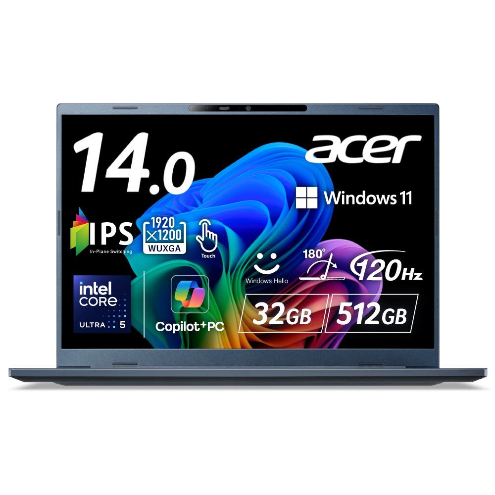Acer Swift Go 14 AI Windows 11 Home インテル Core Ultra 5 IPS 非光沢 タッチディスプレイ sRGB 100% WUXGA 16:10 32GBメモリ 512GB SSD 14インチ 23.5時間駆動 薄型軽量 1.24kg 207万画素 IR Webカメラ Wi-Fi 7 日本語キーボード Copilot＋PC スチームブルー ノートパソコン SFG14-75T-H53Y