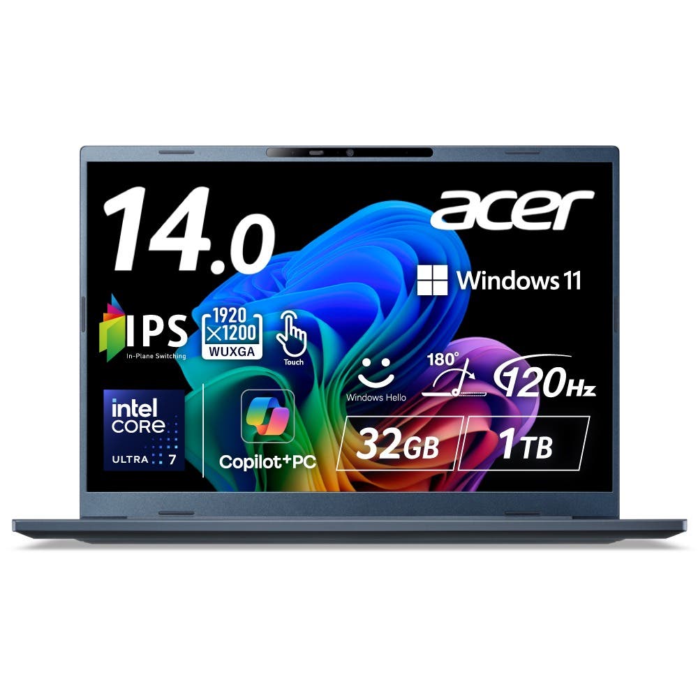 Acer Swift Go 14 AI Windows 11 Home インテル Core Ultra 7 IPS 非光沢 タッチディスプレイ sRGB 100% WUXGA 16:10 32GBメモリ 1TB SSD 14インチ 23.5時間駆動 薄型軽量 1.24kg 207万画素 IR Webカメラ Wi-Fi 7 日本語キーボード Copilot＋PC スチームブルー ノートパソコン SFG14-75T-H73Z