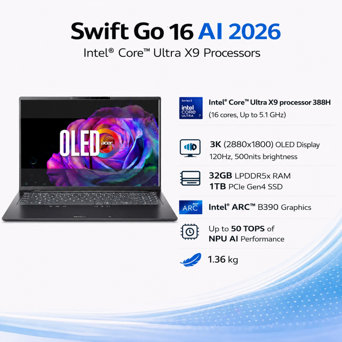[Latest Intel&reg; Core&trade; Ultra Series 3] Acer Swift Go 16 AI Copilot+ PC Laptop | 16" 3K OLED | Intel&reg; Core&trade; Ultra X9 388H | SFG16-I71-92RY