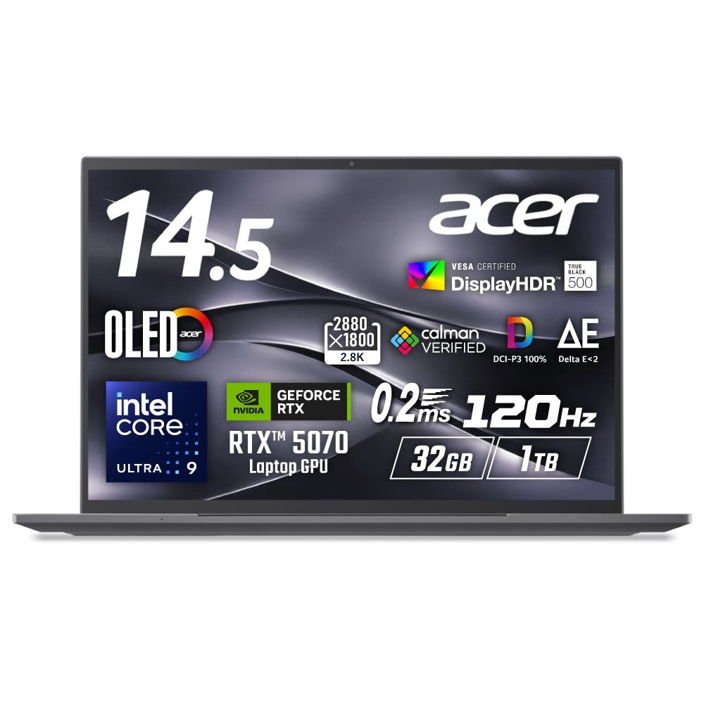 Acer Swift X 14 Windows 11 Pro Core Ultra 9 285H RTX 5070 32GBメモリー 1TB SSD 14.5インチ 2.8K 16:10 OLED 光沢 120Hz 0.2ms True Black 500 calman DCI-P3 100% 207万画素 Webカメラ タッチディスプレイ MUXスイッチ スタイラスペン 英字キーボード SFX14-73GP-A93Z57/E