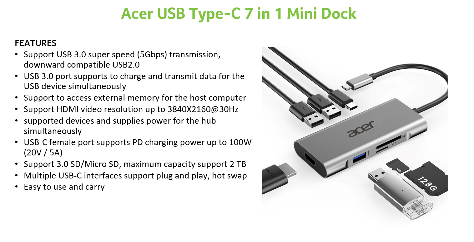 Acer USB Type-C 7 in 1 mini dock features
